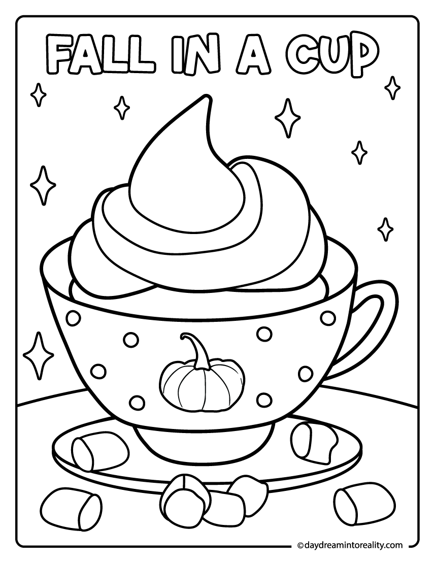 pumpkin spice latte cup with whipped cream and marshmallows coloring page