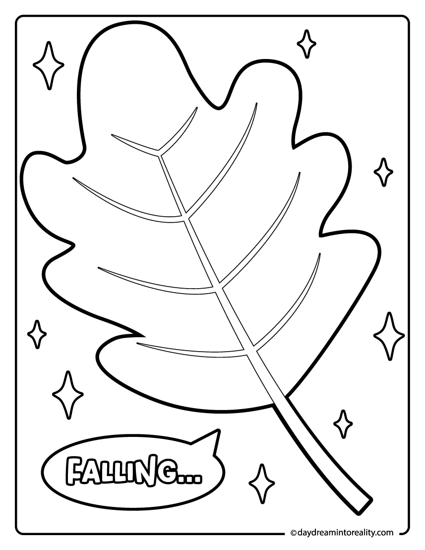 big autumn leaf falling coloring page, easy printable for kids