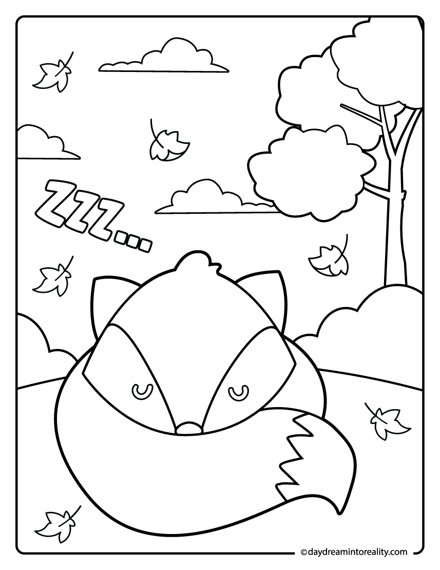 fox sleeping in the woods coloring page with so zzz... text