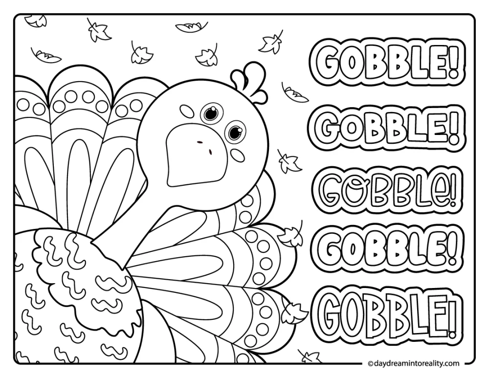 thanksgiving turkey coloring page with gobble text, fun kids activity