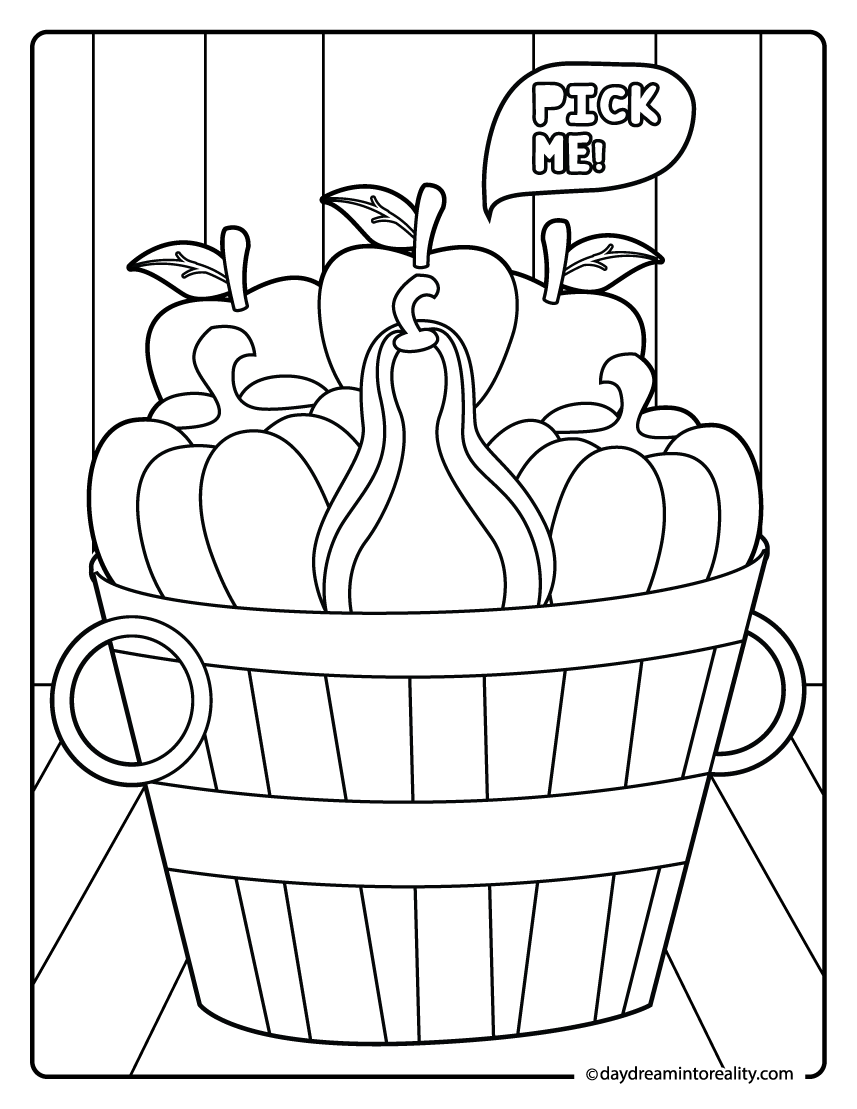 harvest basket with pumpkins and apples coloring page with pick me text, fall harvest printable