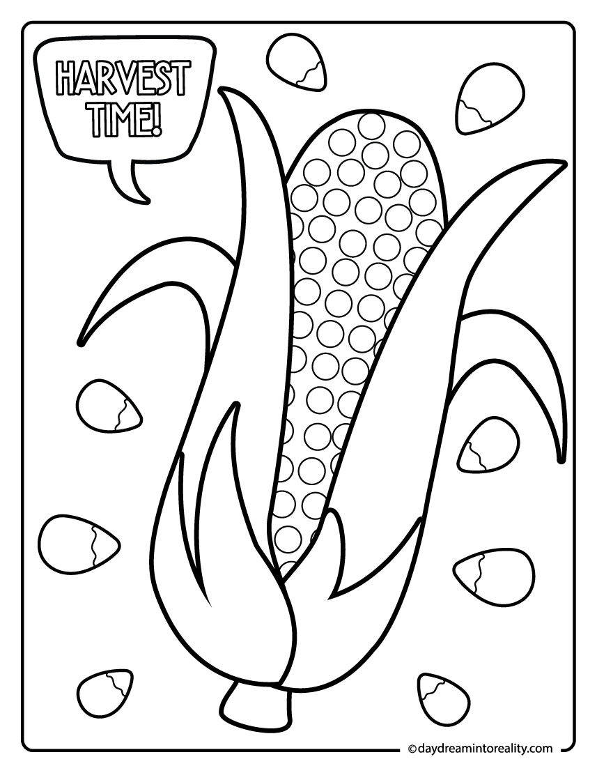 corn on the cob harvest coloring page, fall printable activity for kids
