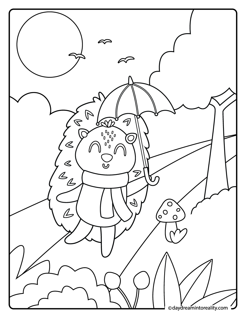 hedgehog holding umbrella coloring page, cute fall printable for kids