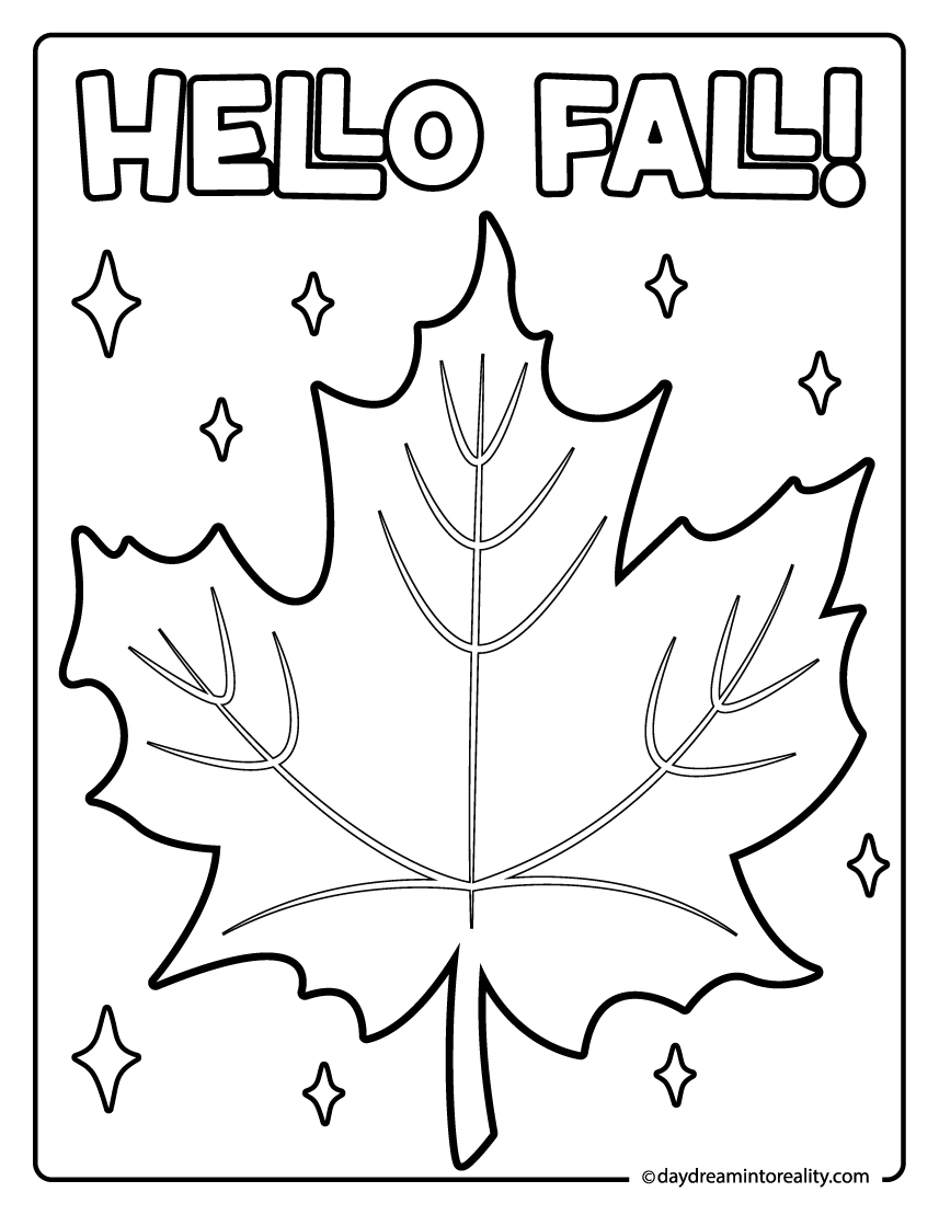 hello fall - maple leaf coloring sheet with sparkles, autumn printable for kids