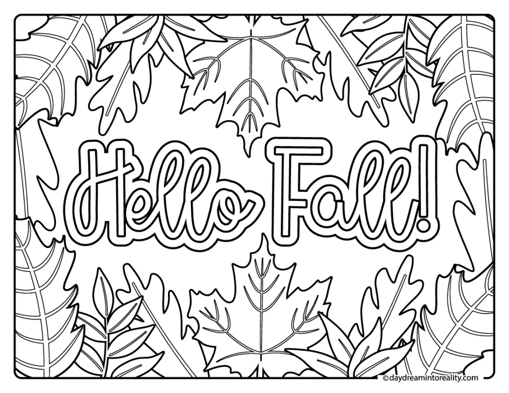 hello fall leaf border coloring page, fun autumn printable for kids