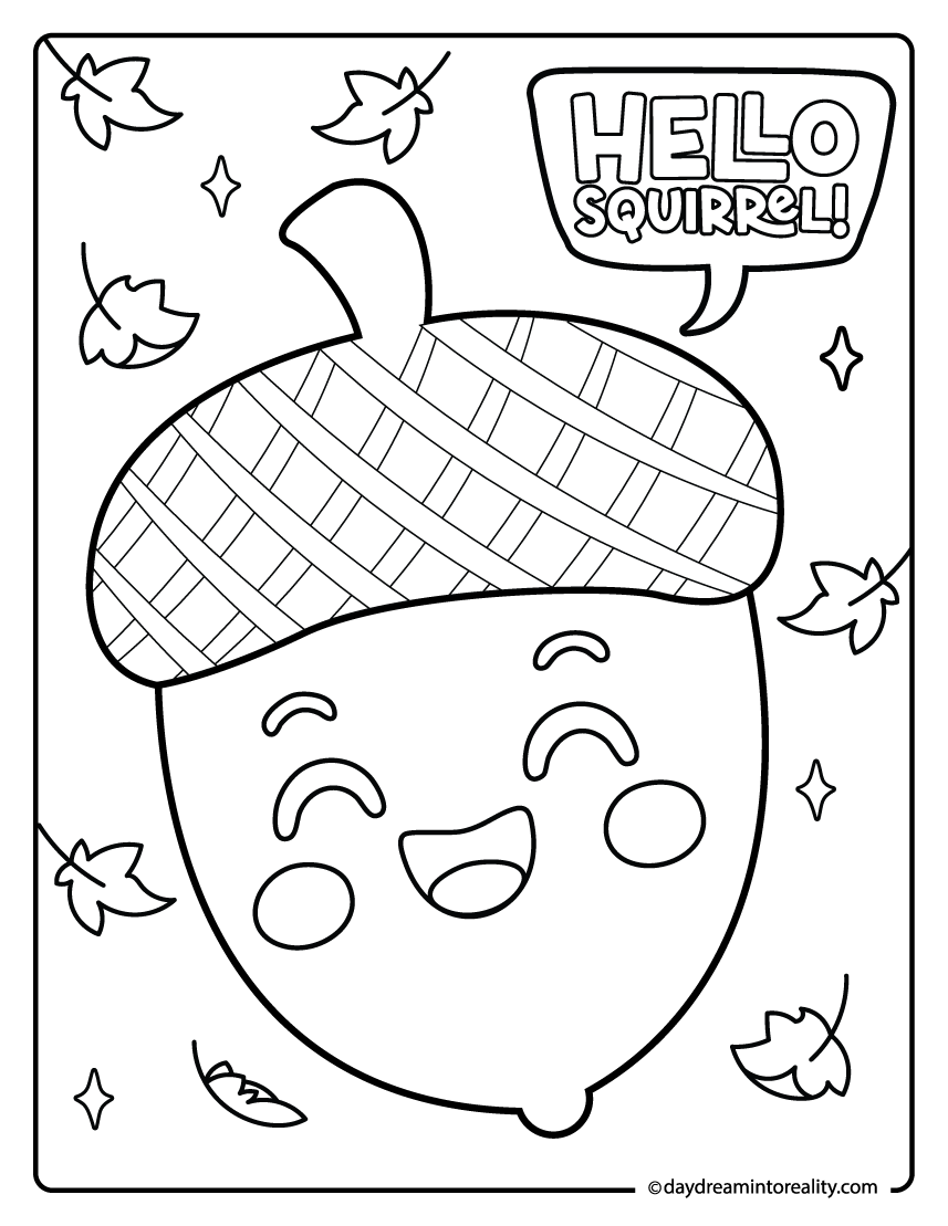 smiling acorn with hello squirrel text, cute fall coloring page for kids