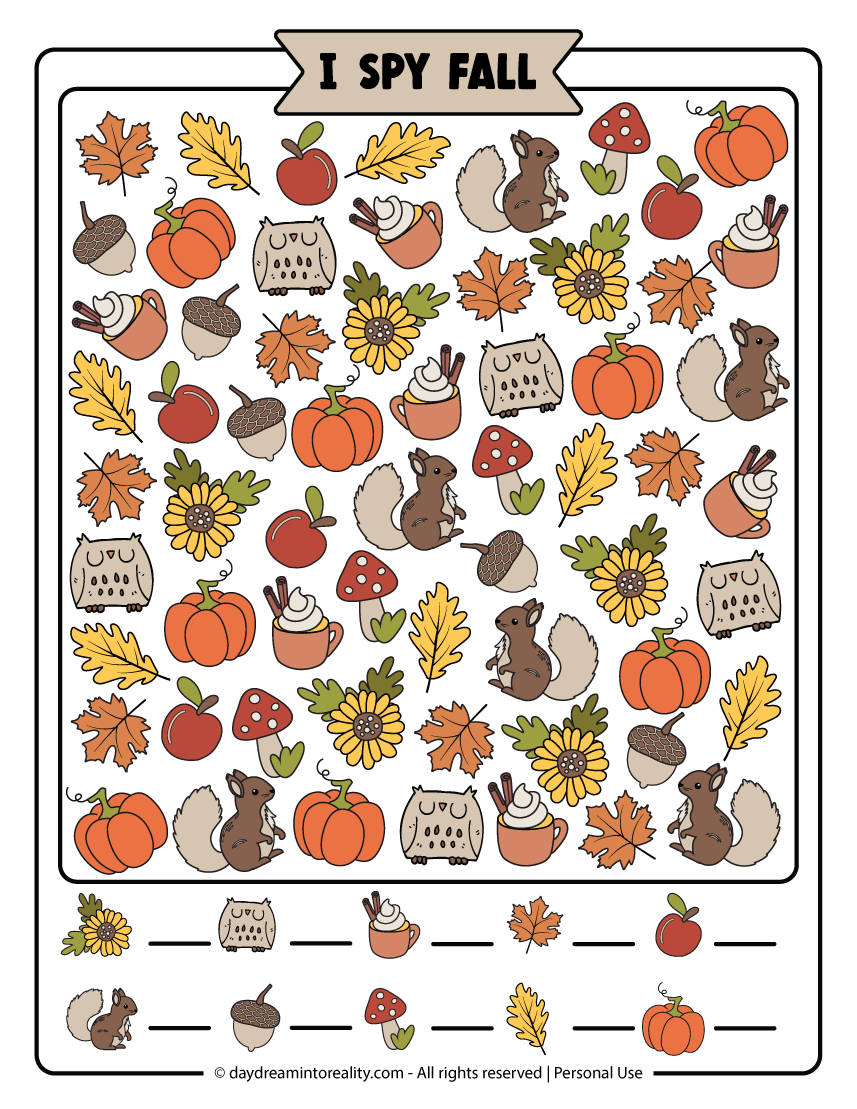 Medium I Spy Fall puzzle worksheet in color for elementary kids in 2nd and 3rd grade. Count autumn objects such as pumpkins, apples, and leaves in this fun printable. Free PDF with answer key.