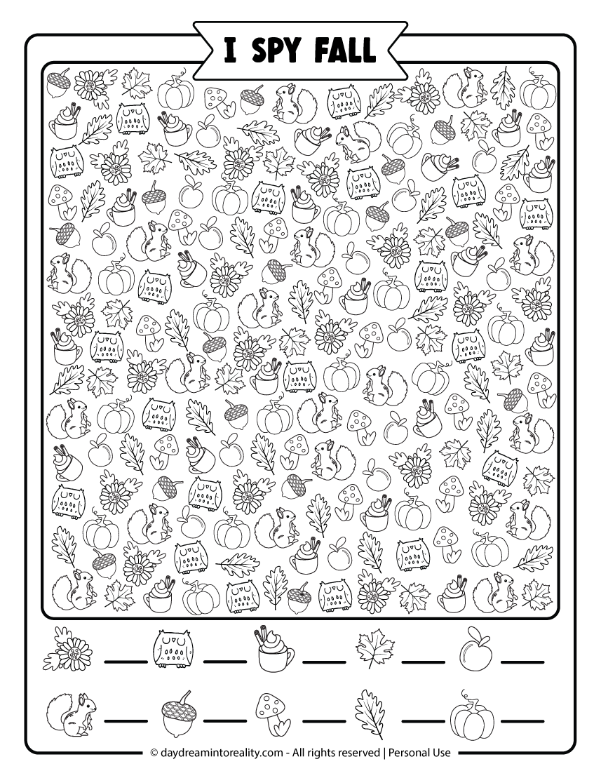 Challenging I Spy Fall puzzle worksheet in black and white for kids and adults. Autumn themed coloring activity filled with tiny seasonal icons. Free PDF includes solution key.