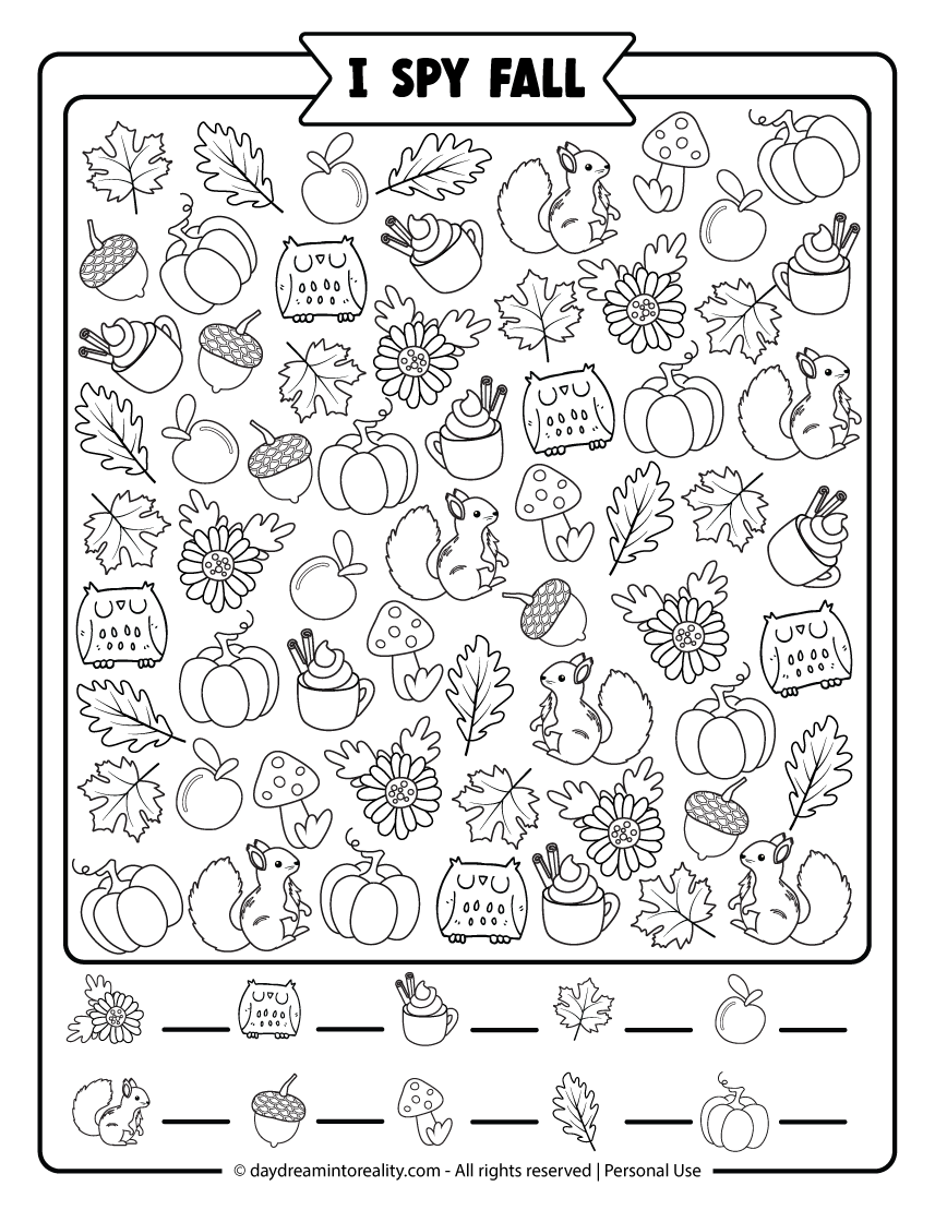 Medium leveI Spy Fall printable worksheet in black and white for second graders
