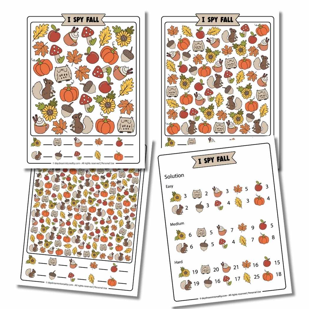 Free I Spy Fall printable worksheets in color. Fun autumn activity pack with three levels for preschool, kindergarten, elementary kids, and adults. Easy, medium, and hard fall puzzles with solutions provided.