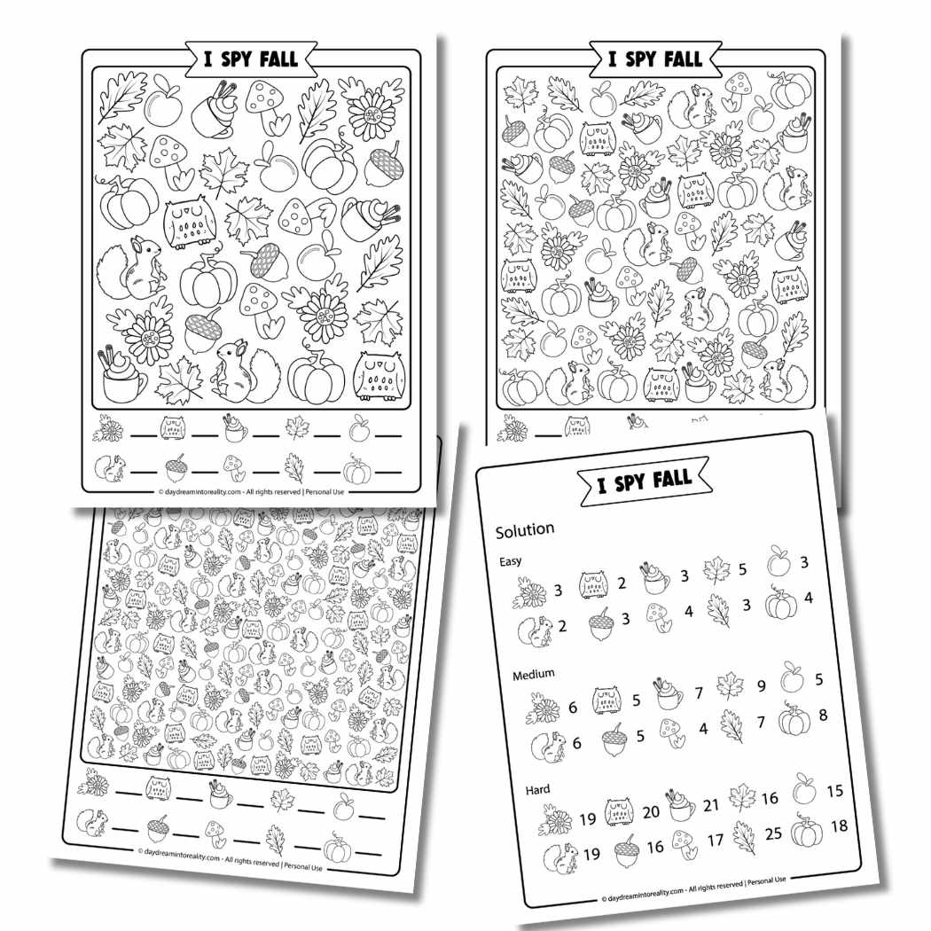 Free I Spy Fall printable worksheets in black and white. Three autumn activity levels for preschool, kindergarten, elementary kids, and adults. Easy, medium, and hard puzzles with answer sheets included.