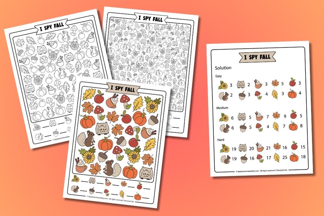 Printable I Spy Fall worksheets in PDF format. Fun autumn activity pack with easy, medium, and hard pages for preschool through elementary and adults, available in both color and black and white with solutions.