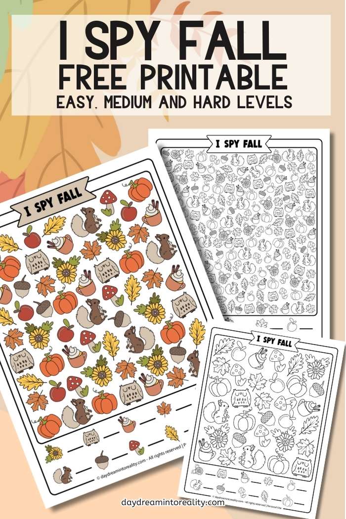 I Spy Fall free printable pack with three autumn worksheets in color and black and white. Easy, medium, and hard levels for preschool, elementary kids, and adults with solutions included.