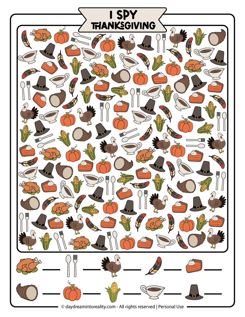 Hard I Spy Thanksgiving printable worksheet in color for older kids and adults. Challenging holiday activity filled with detailed icons like turkey, corn, hats, and utensils. Free PDF download includes answers.