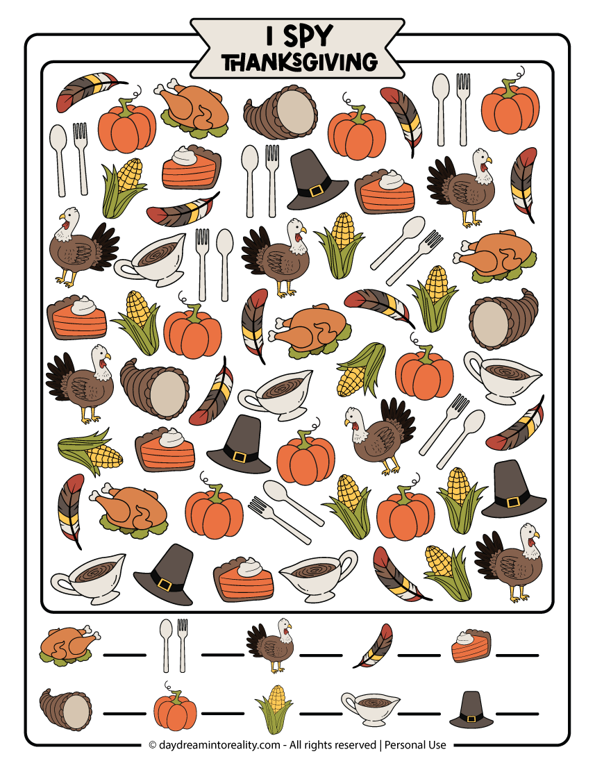 Medium I Spy Thanksgiving puzzle worksheet in color for elementary kids in 2nd and 3rd grade. Count turkeys, food, pilgrim hats, and harvest items in this festive holiday activity. Free PDF with solutions.