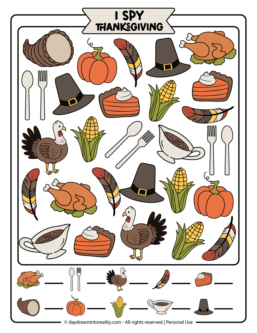 Easy I Spy Thanksgiving printable worksheet in color for preschool, kindergarten, and first grade kids. Count holiday items like pumpkins, pies, and corn. Free PDF includes answer sheet.