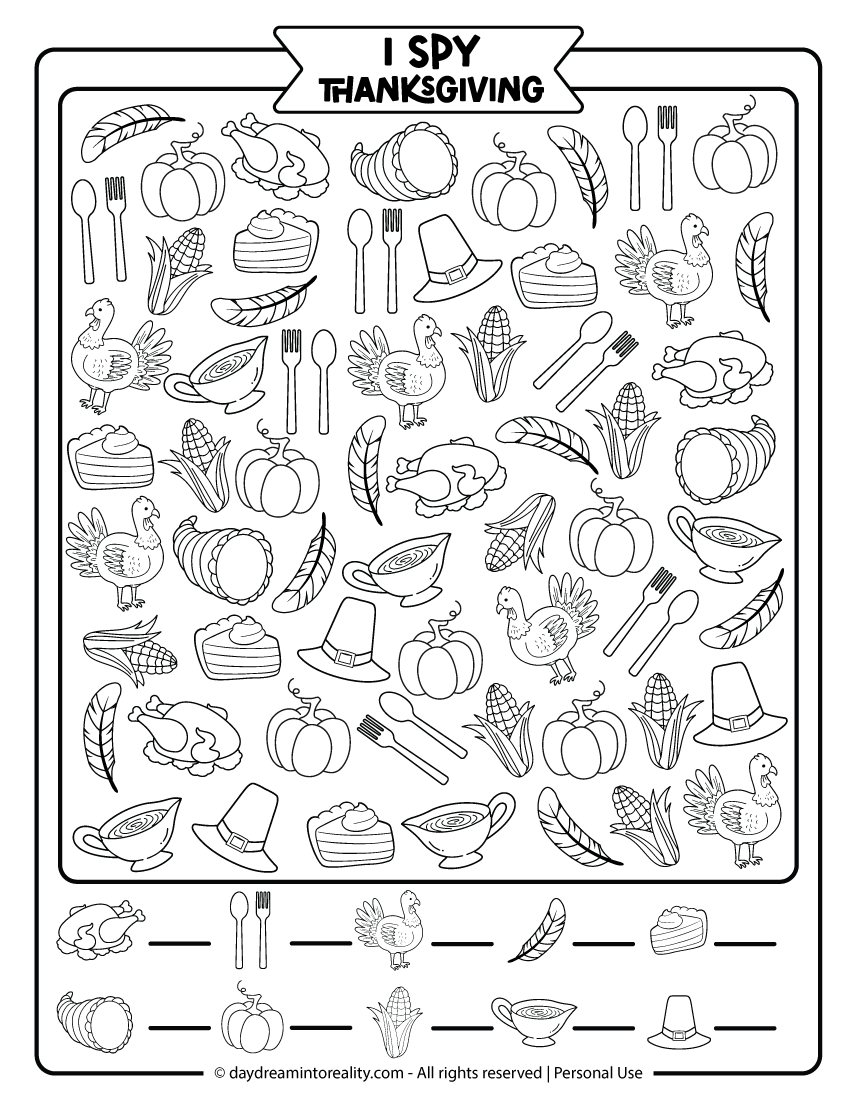 Medium I Spy Thanksgiving printable worksheet in black and white for second and third graders. Holiday coloring activity with large images like pumpkins, corn, and turkey. Free PDF includes answers.