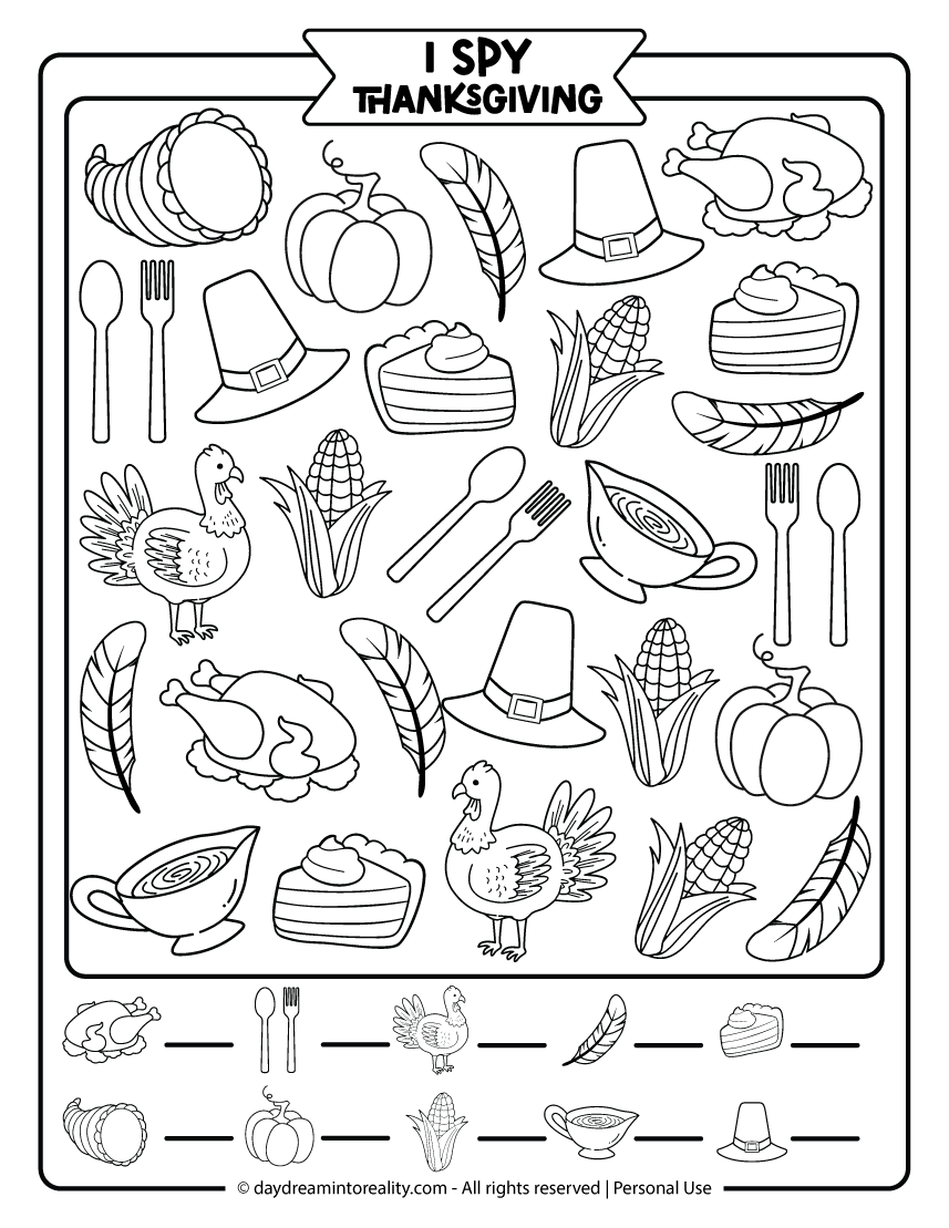 Beginner I Spy Thanksgiving worksheet in black and white for preschool, kindergarten, and early elementary kids. Holiday coloring printable with big festive images to count. Free PDF includes answer sheet.