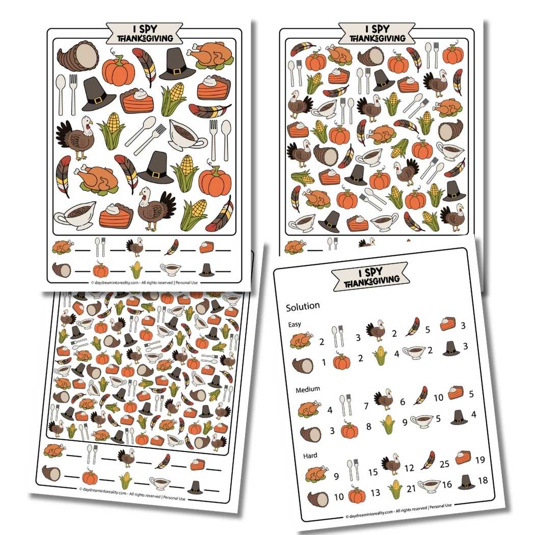 Free I Spy Thanksgiving printable worksheets in color. Fun holiday activity pack with three levels for preschool, kindergarten, elementary kids, and adults. Easy, medium, and hard puzzles with solutions provided.