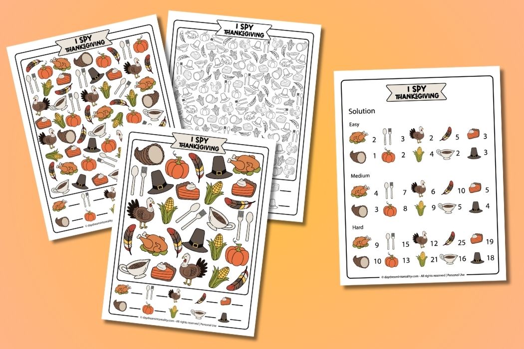 Free Thanksgiving I Spy activity printables for kids and families. Holiday themed worksheets in color and coloring versions with easy, medium, and hard levels plus solutions.