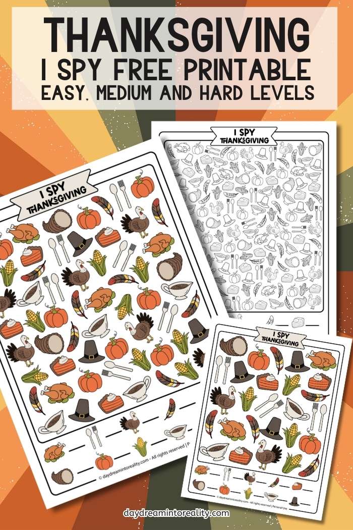 Printable I Spy Thanksgiving PDF worksheets. Fun holiday activity pack for preschool through elementary and adults, with three levels of difficulty and answer keys.