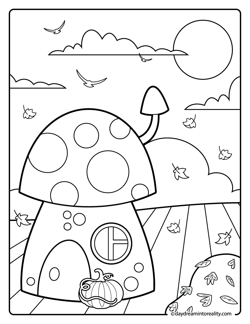 mushroom house in a forest coloring page, woodland fall printable