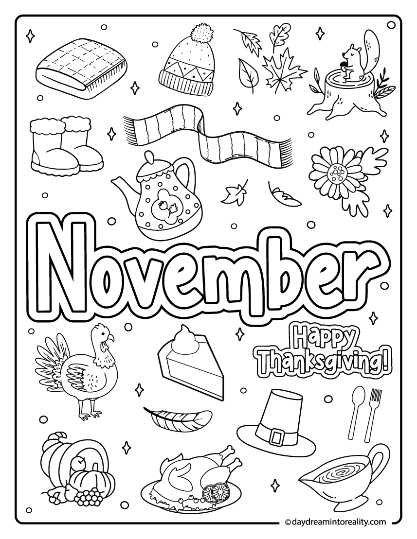 november doodle coloring page with turkey, pie, and thanksgiving items
