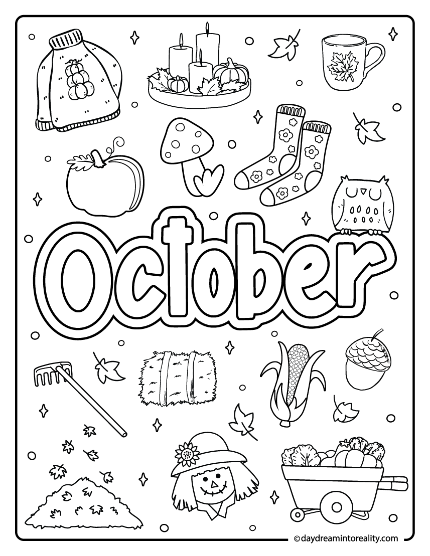 october doodle coloring page with pumpkins, scarecrow, and fall leaves