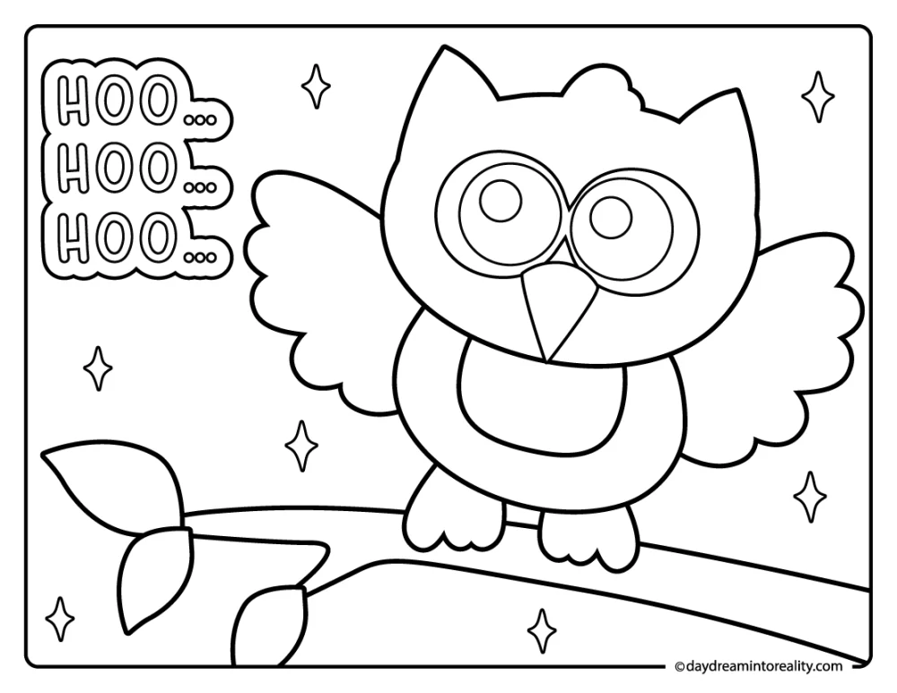 owl coloring page with hoo hoo text, fun autumn printable for kids