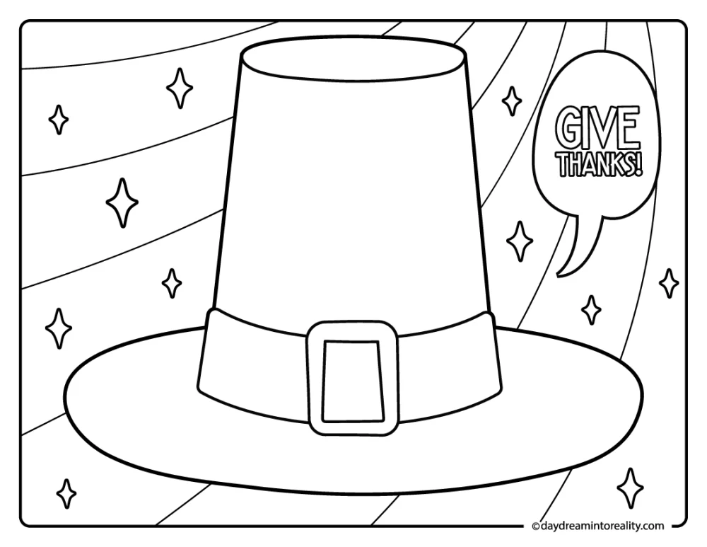pilgrim hat coloring page with give thanks text, thanksgiving printable