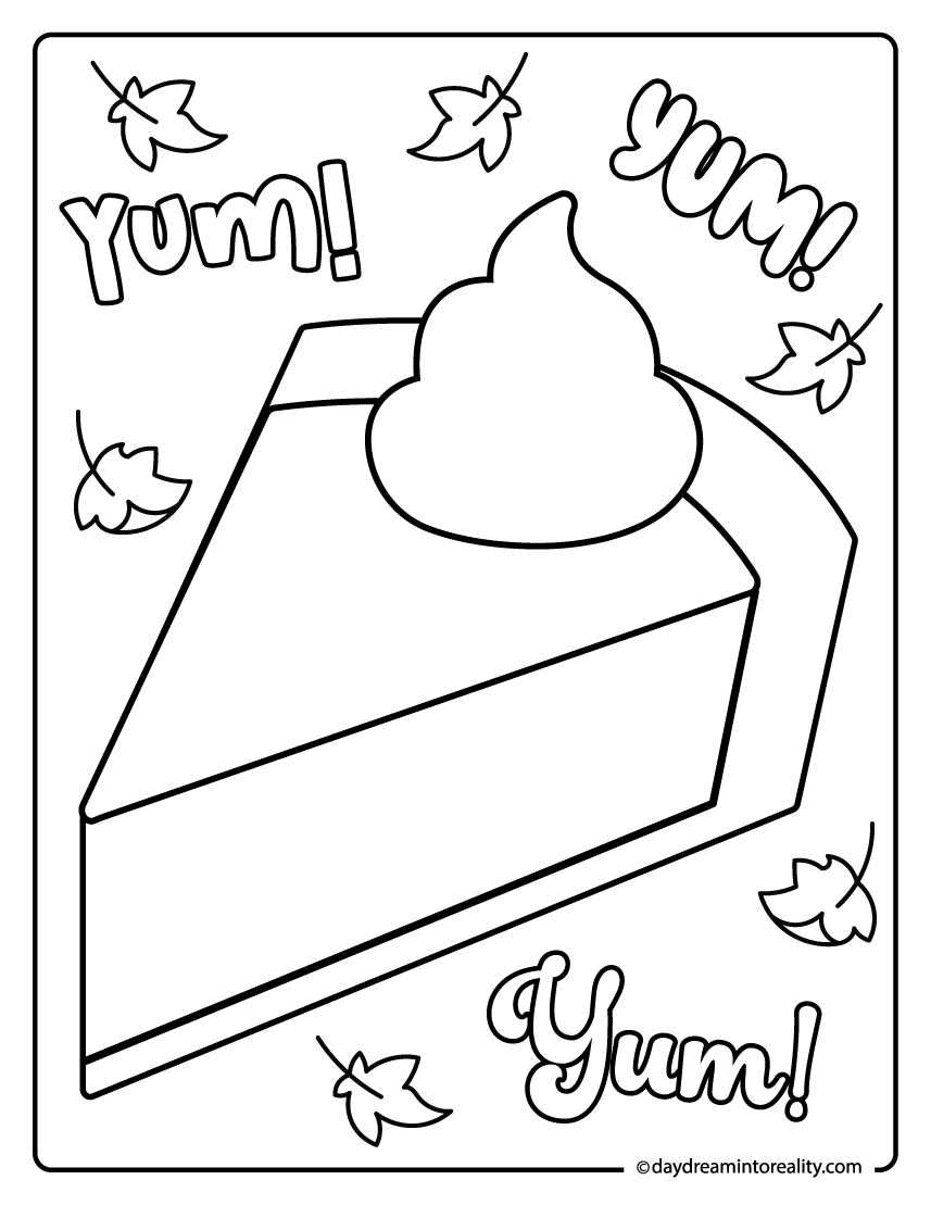 slice of pumpkin pie with cream coloring page, yum text fall printable
