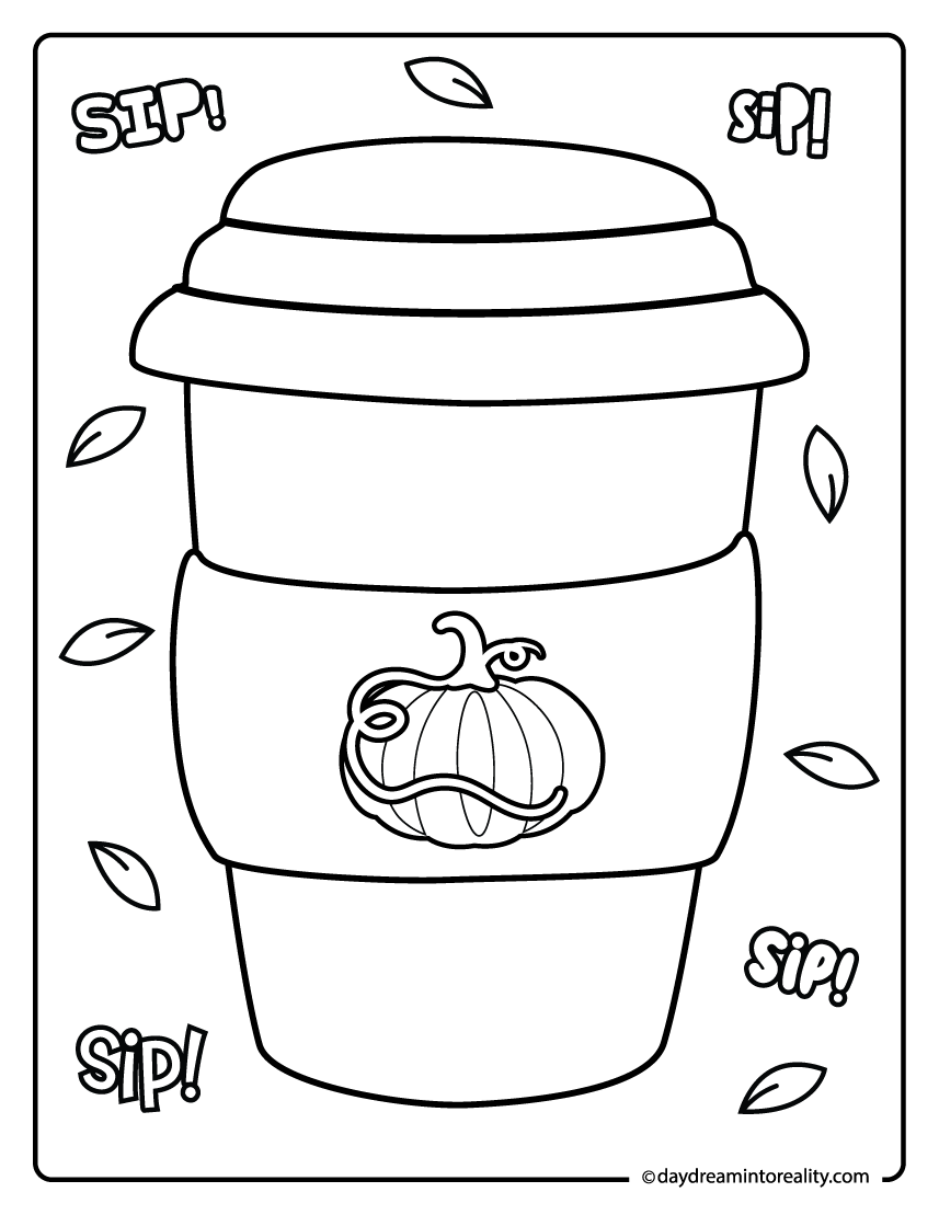 pumpkin spice drink cup coloring page with sip sip text, fall printable