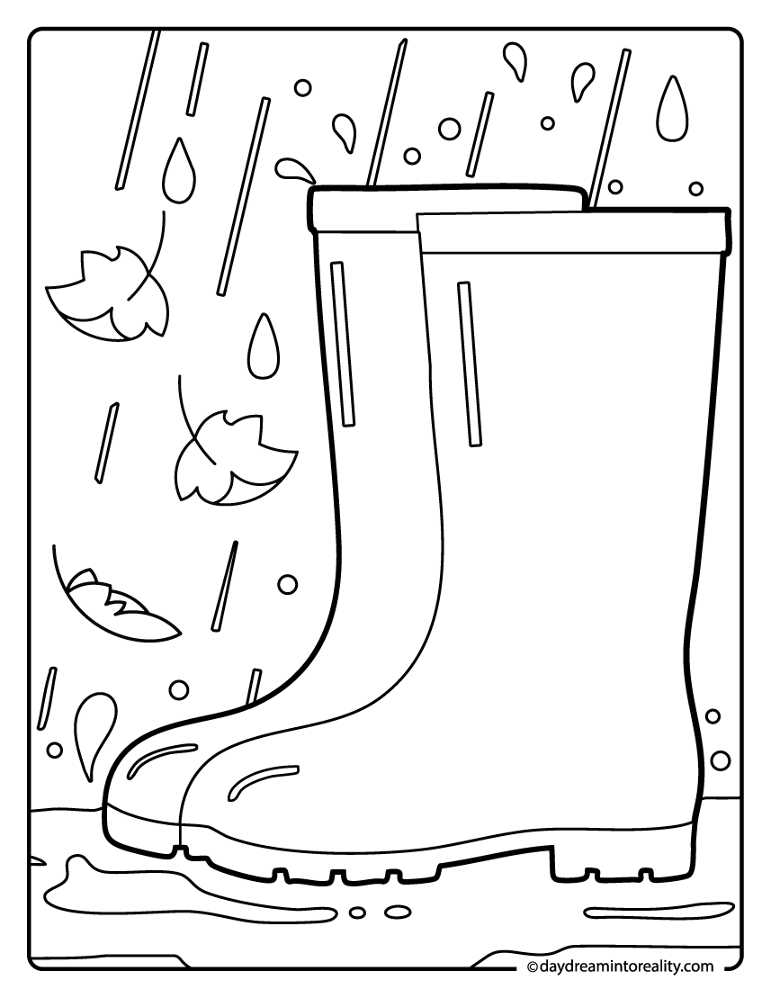 fall rain boots in puddles with leaves coloring page, autumn printable
