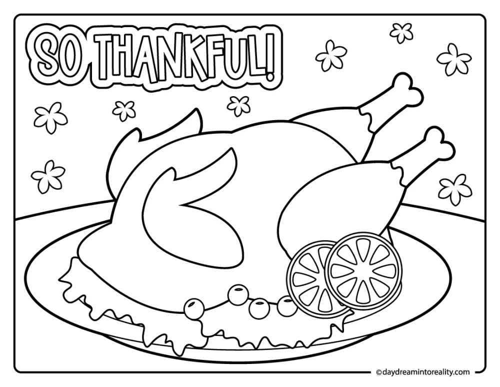 roasted turkey on a plate coloring sheet with so thankful text, fall printable