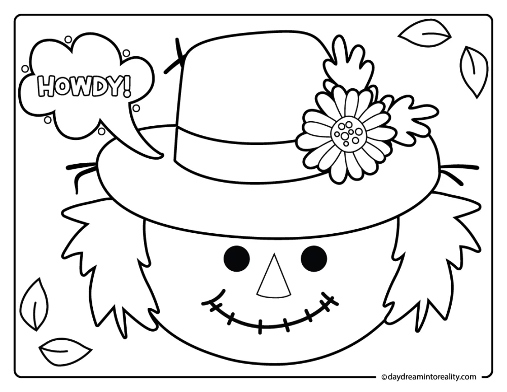 scarecrow with hat and howdy text coloring page, easy fall printable