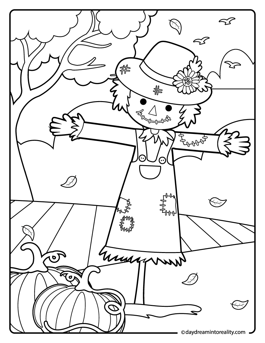 scarecrow standing in field with pumpkins coloring page, fall printable