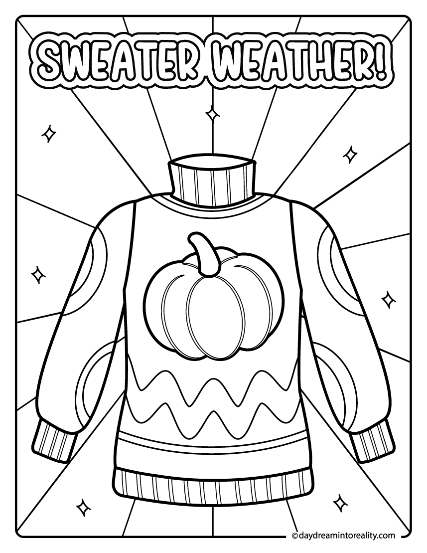 pumpkin sweater coloring sheet with sweater weather text, fall printable