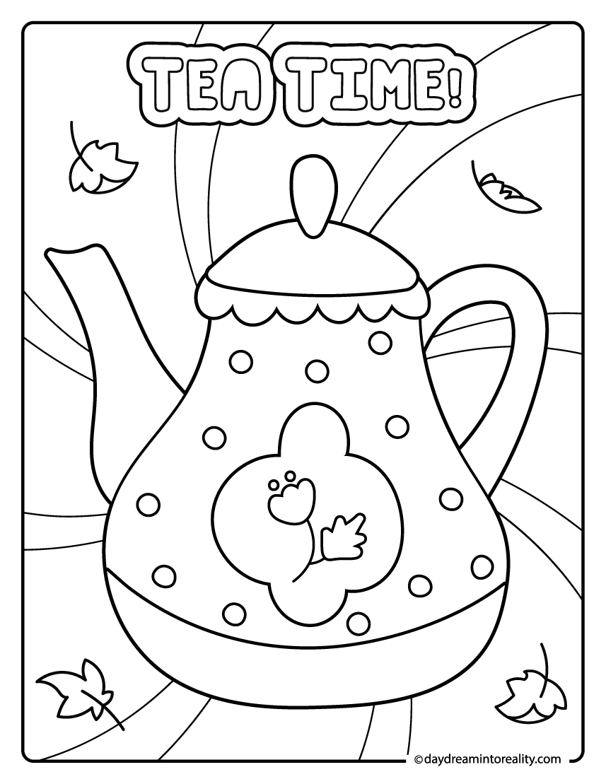 tea pot with leaves design coloring page, tea time fall activity for kids