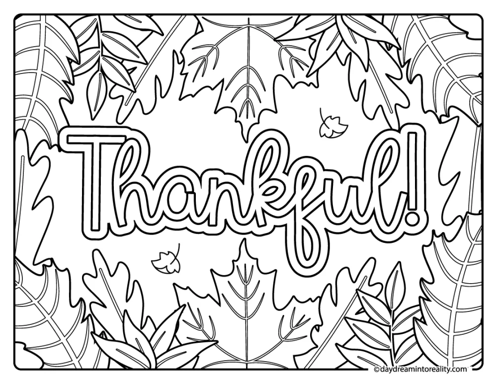 thankful text surrounded by autumn leaves coloring page, fall printable