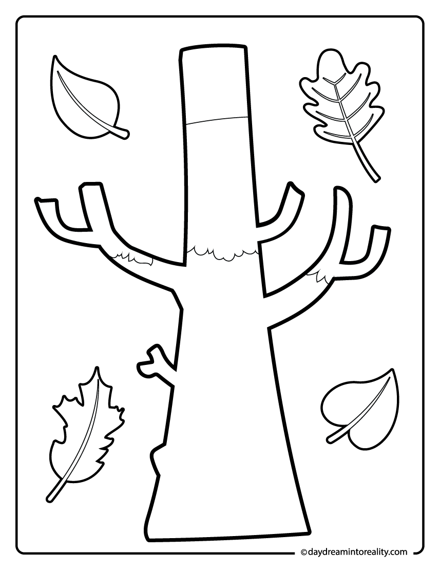bare fall tree trunk coloring sheet, easy printable for classrooms