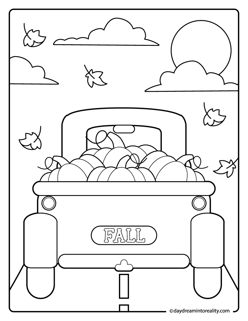 Old farm truck filled with pumpkins fall coloring page for kids, fun autumn harvest printable
