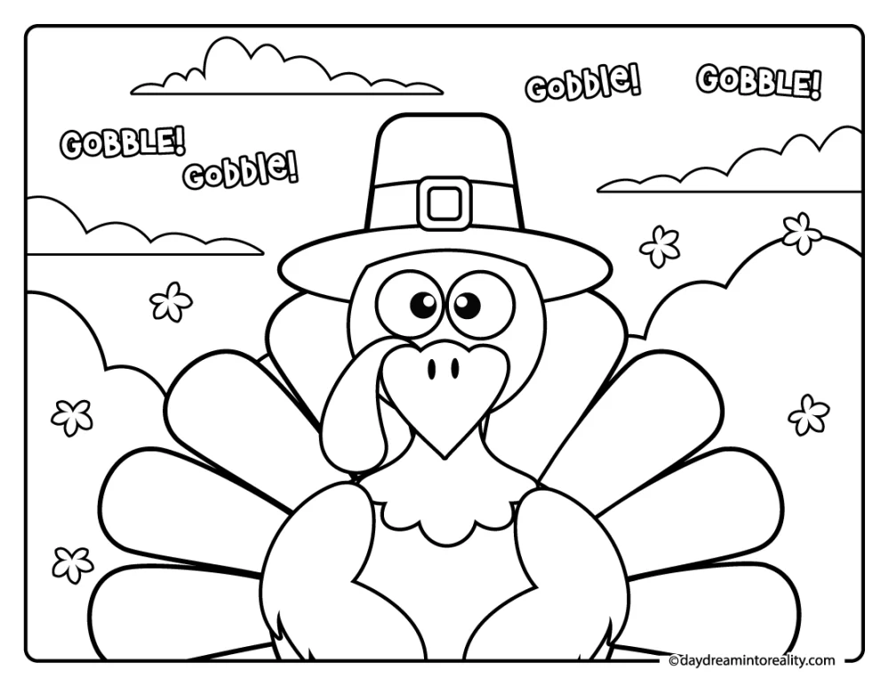 thanksgiving turkey wearing pilgrim hat coloring page, gobble gobble text