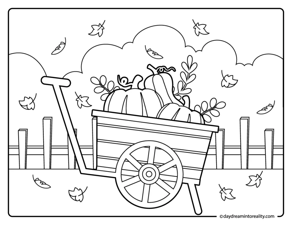 wagon full of pumpkins coloring page, fall harvest activity for kids
