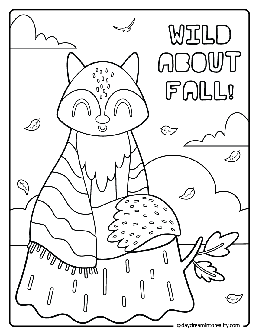 fox wrapped in blanket coloring page with wild about fall text