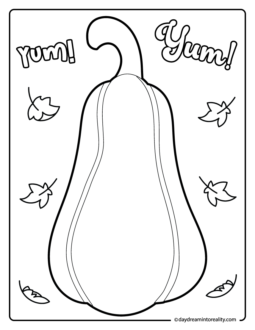 fun fall squash coloring sheet with yum text, vegetable printable for kids