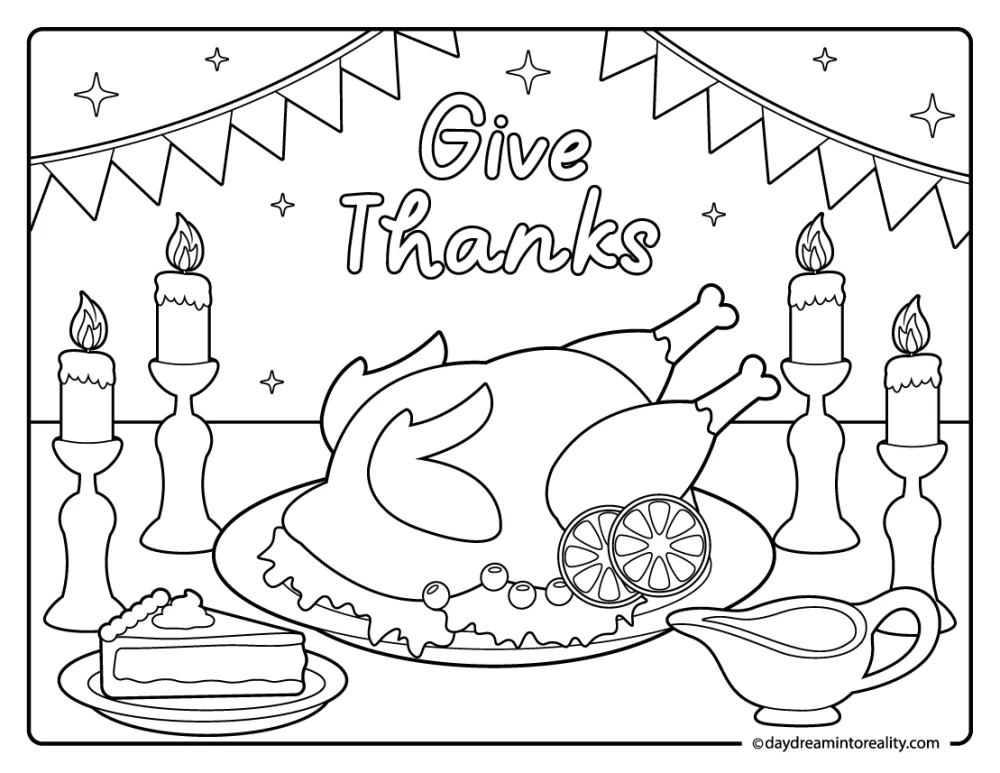 thanksgiving feast coloring page with turkey dinner candles and pie