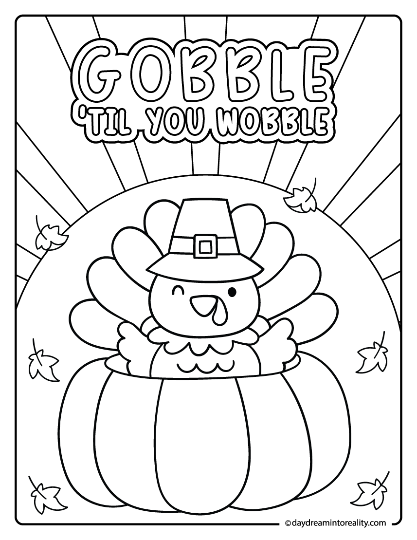 cute turkey in pumpkin thanksgiving coloring page for kids