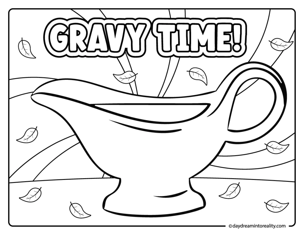 thanksgiving coloring page with gravy boat and falling autumn leaves for kids