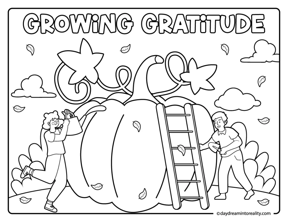 thanksgiving gratitude coloring page with kids watering giant pumpkin