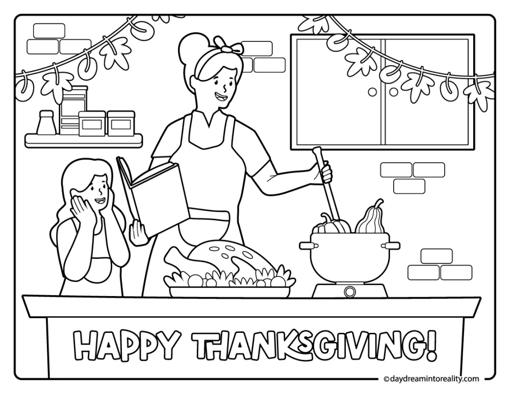 mother and daughter cooking thanksgiving dinner coloring page for children